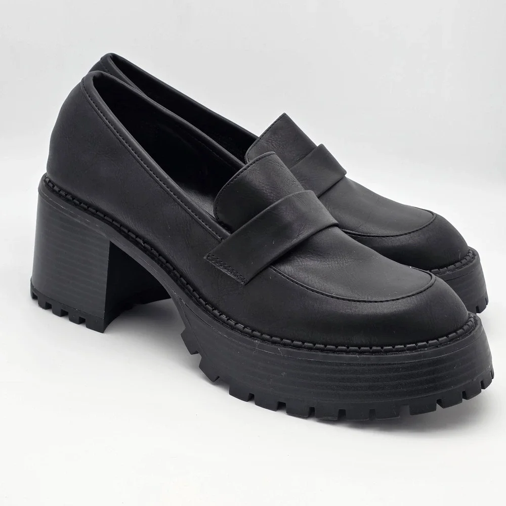 MIA Platform Penny Loafers Women 9 Black Chunky Heel 90s Style Bratz Goth Preppy